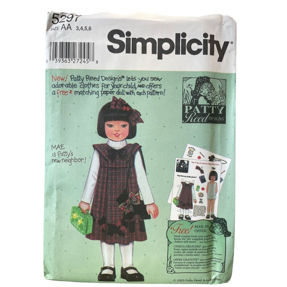 Simplicity 5297 Sewing Pattern Childs Jumper‎ Bag Hair Bow Sizes 3-6 Patty Reed